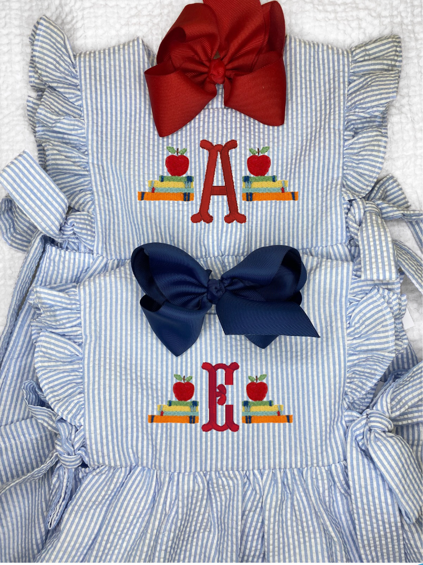 Girls Apple & Vine Monogram Seersucker Back to School Dress