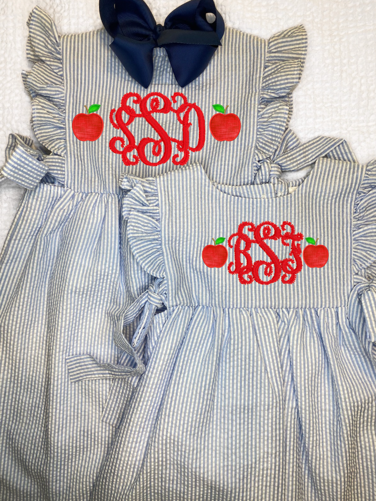 Girls Monogram Apple Outline Seersucker Back to School Dress